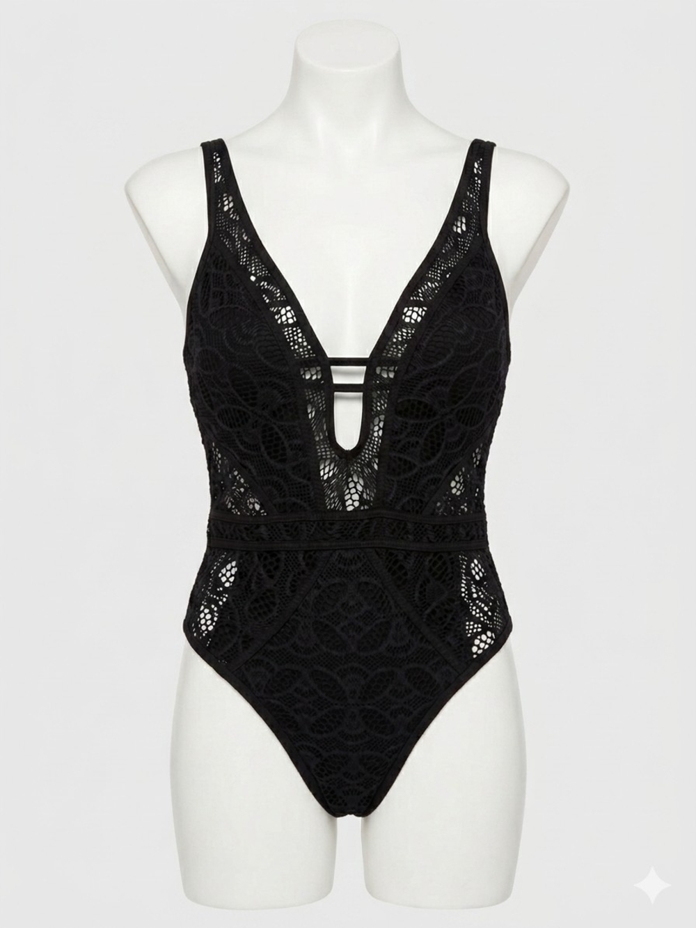 BECCA by Rebecca Virtue Show & Tell Crochet One Piece Swimsuit Black Medium